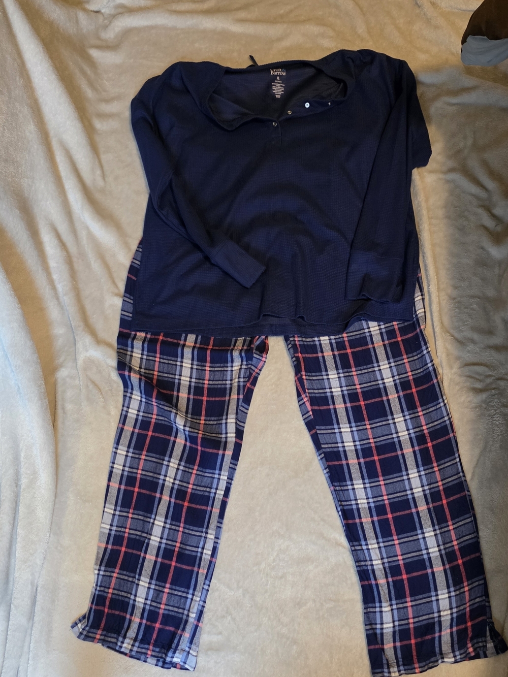 croft & barrow Navy Long-Sleeve Top with Plaid Pajama Pants - Navy, Pink, White